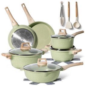 Set oale si tigai Just Perfecto JL-787, 15 piese, Finisaj marmura, Inductie, Accesorii, Verde