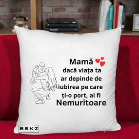 Cadou pentru Mama - Perna Personalizata Mama Nemuritoare Portret Graphic, 40x40 cm, Alb Pufos, Husa Detasabila, Perna Inclusa, BEKZ®