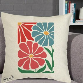 Perna Decorativa Flori Grafice Rosu-Albastru, 40x40 cm, Ecru, Husa Detasabila, Perna Inclusa, BEKZ®