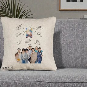 Perna Personalizata K-pop BTS Autografe Toti Membrii Fotografie, 40x40 cm, Bej Canapea, Husa Detasabila, Perna Inclusa, BEKZ®