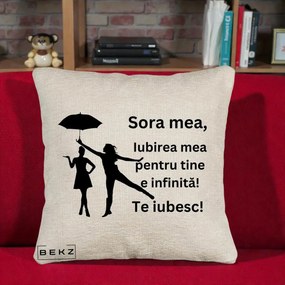 Cadou pentru Sora - Perna Personalizata Sora Mea Te Iubesc Siluete Negre cu Umbrela, 40x40 cm, Bej Canapea, Husa Detasabila, Perna Inclusa, BEKZ®