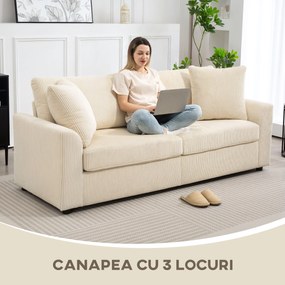 HOMCOM Canapea 3 Locuri din Catifea Reiată cu 2 Perne, 212x80x88 cm, Crem | Aosom Romania