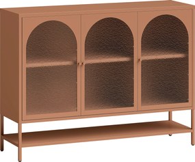HOMCOM Bufet pentru living, mobilier de depozitare cu 3 uși vitrate arcuite și raft deschis, 140 x 40 x 105 cm, ruginiu | Aosom Romania