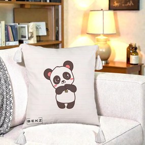Perna Personalizata Panda Kawaii cu Bambus, 40x40 cm, Bej cu Franjuri, Husa Detasabila, Perna Inclusa, BEKZ®
