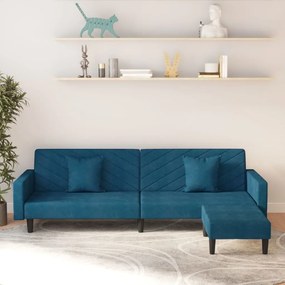 Canapea extensibilă 2 locuri, 2 perne&amp;taburet albastru, catifea