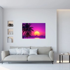 Tablou - Apus violet cu palmier (90x60 cm)