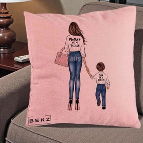Cadou pentru Mama - Perna Personalizata, Model Mother of a Prince, 40x40 cm, Roz, Husa Detasabila, Perna Inclusa, BEKZ®