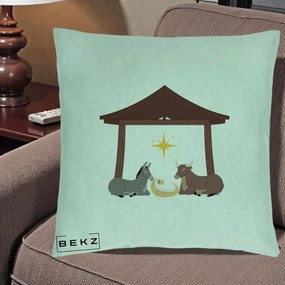Perna Decorativa Ieslea din Betleem cu Iesle Asin si Bou, 40x40 cm, Verde Menta, Husa Detasabila, Perna Inclusa, BEKZ®