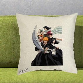 Perna Personalizata Bleach Grup Complet Ichigo si Prietenii, 40x40 cm, Ecru, Husa Detasabila, Perna Inclusa, BEKZ®