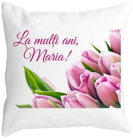 Perna Decorativa La multi ani Maria, 40x40 cm, Alba, Mata, Husa Detasabila, Burduf