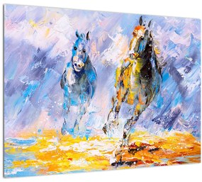 Tablou pe sticlă - Caii alergând, pictură în ulei (70x50 cm)
