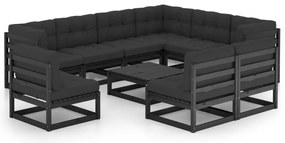 vidaXL Set mobilier grădină cu perne, 10 piese, negru, lemn masiv pin