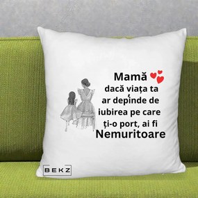 Cadou pentru Mama - Perna Personalizata Mama Nemuritoare Line Art, 40x40 cm, Alb Pufos, Husa Detasabila, Perna Inclusa, BEKZ®