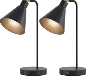 HOMCOM Set de 2 Lămpi de Masă Moderne din Oțel cu Porturi USB, E27, Becurile Nu Sunt Incluse, Negru | Aosom Romania