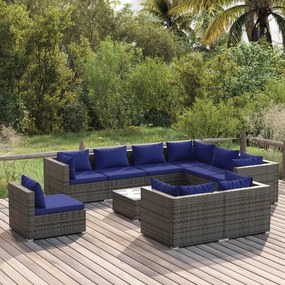 Set mobilier de gradina cu perne, 10 piese, gri, poliratan gri si bleumarin, 4x mijloc + 5x colt + masa, 1