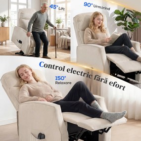 HOMCOM Fotoliu Electric cu Ridicare 150° din Material ce Imita Inul cu 8 Puncte de Masaj, Încălzire, Bej | Aosom Romania