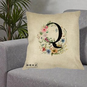 Cadou Personalizat - Perna Personalizata Monogram Litera Q cu Flori Acuarela, 40x40 cm, Crem, Husa Detasabila, Perna Inclusa, BEKZ®