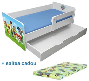 Pat copii Paw Patrol P1 2-12 ani cu sertar, protectie laterala detasabila si saltea cadou - PC-P-MK-SRT-PAW-P1-80