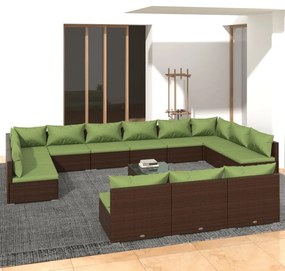 Set mobilier de gradina cu perne, 14 piese, maro, poliratan maro si verde, 2x colt + 11x mijloc + masa, 1