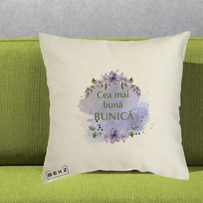 Cadou pentru Bunica - Perna Personalizata Cea Mai Buna Bunica Flori Mov Acuarela Auriu, 40x40 cm, Ecru, Husa Detasabila, Perna Inclusa, BEKZ®
