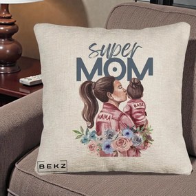 Cadou pentru Mama - Perna Personalizata Super Mom Mama cu Bebelusul, 40x40 cm, Bej Canapea, Husa Detasabila, Perna Inclusa, BEKZ®