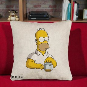 Perna Personalizata Homer Simpson cu Bere, 40x40 cm, Bej Canapea, Husa Detasabila, Perna Inclusa, BEKZ®