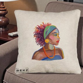 Perna Decorativa Portret Femeie Urbana Acuarela, 40x40 cm, Bej Canapea, Husa Detasabila, Perna Inclusa, BEKZ®