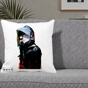 Perna Personalizata Tokyo Ghoul Ken Kaneki cu Masca si Gluga, 40x40 cm, Alba Mata, Husa Detasabila, Perna Inclusa, BEKZ®