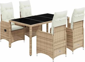 vidaXL Set bistro de grădină, 5 piese, cu perne, bej, poliratan