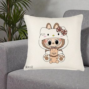 Perna Personalizata Labubu x Hello Kitty Maro-Vintage, 40x40 cm, Crem Reliefat, Husa Detasabila, Perna Inclusa, BEKZ®