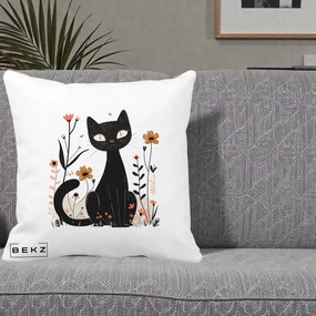 Perna Decorativa Pisica Neagra Flori Pastel Folk, 40x40 cm, Alba Mata, Husa Detasabila, Perna Inclusa, BEKZ®