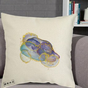 Perna Decorativa Abstract Acuarela Albastru-Mov cu Cercuri Aurii, 40x40 cm, Ecru, Husa Detasabila, Perna Inclusa, BEKZ®