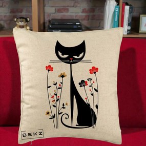 Perna Decorativa Pisica Neagra Grafica Flori Rosii, 40x40 cm, Bej, Husa Detasabila, Perna Inclusa, BEKZ®
