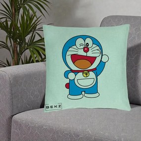 Perna Personalizata Doraemon Salutand, 40x40 cm, Verde Menta, Husa Detasabila, Perna Inclusa, BEKZ®