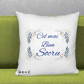 Cadou pentru Socru - Perna Personalizata Cel mai Bun Socru cu Ramuri Frunze Albastre si Aurii, 40x40 cm, Alb Pufos, Husa Detasabila, Perna Inclusa, BEKZ®