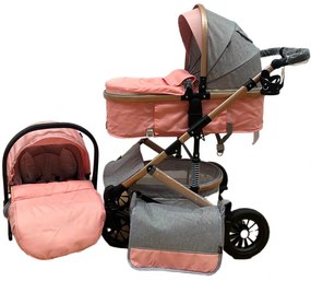 Carucior 3 in 1 reversibil cu scoica auto si geanta, 0-36 luni, Roz - CPC-10-roz