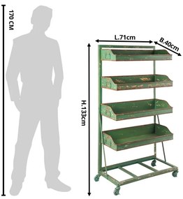 Etajeră vintage din metal cu 4 rafturi, verde antichizat, pe roți, „Greenhouse Charm”
