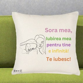 Cadou pentru Sora - Perna Personalizata Sora Mea Te Iubesc Line Art Fete Colorate Brate Ridicate, 40x40 cm, Crem Reliefat, Husa Detasabila, Perna Inclusa, BEKZ®