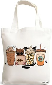 Sacosa de Panza pentru Cumparaturi, Geanta Tote, model Cats and Coffee 2, 38 x 34.5 cm, Alba, BEKZ®