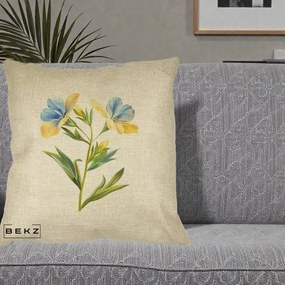Perna Decorativa Botanica Frezie Galbena si Albastra, 40x40 cm, Crem, Husa Detasabila, Perna Inclusa, BEKZ®