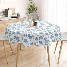 Goldea față de masă decorativă loneta - flori de hortensie albastră - rotundă Ø 100 cm