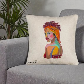 Perna Decorativa Portret Femeie Colorat Pop Art, 40x40 cm, Bej Canapea, Husa Detasabila, Perna Inclusa, BEKZ®