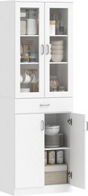 HOMCOM Bufet înalt pentru bucătărie, dulap de bucătărie, 4 uși dintre care 2 din sticlă, sertare, etajere reglabile, 60x35x180cm, alb | Aosom Romania