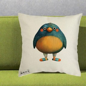 Perna Decorativa Pasare Teal cu Sosete Dunghi, 40x40 cm, Ecru, Husa Detasabila, Perna Inclusa, BEKZ®