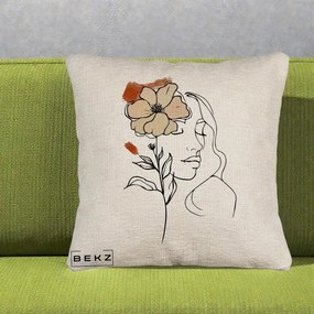 Perna Decorativa Portret Feminin Floare Bej Terracotta, 40x40 cm, Bej Canapea, Husa Detasabila, Perna Inclusa, BEKZ®