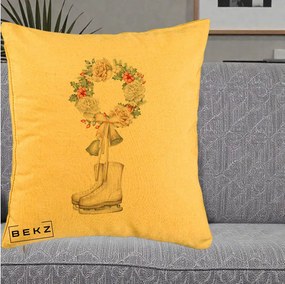 Perna Decorativa Patine cu Coroana Florala de Craciun, 40x40 cm, Galben, Husa Detasabila, Perna Inclusa, BEKZ®