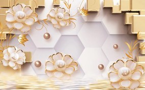 Tapet Premium Canvas - Abstract flori aurii si perle
