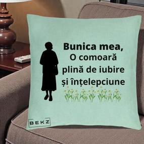 Cadou pentru Bunica - Perna Personalizata Bunica Mea Comoara Iubire Intelepciune Silueta cu Nepoata, 40x40 cm, Verde Menta, Husa Detasabila, Perna Inclusa, BEKZ®
