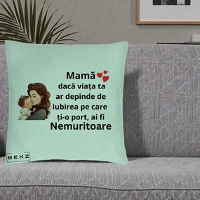 Cadou pentru Mama - Perna Personalizata Mama Nemuritoare cu Bebelus Lineart, 40x40 cm, Verde Menta, Husa Detasabila, Perna Inclusa, BEKZ®