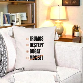 Perna Decorativa Frumos Destept Bogat, 40x40 cm, Bej cu Franjuri, Husa Detasabila, Perna Inclusa, BEKZ®